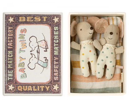 Two plush Maileg Twin Baby Mice in a matchbox bed with a vintage-style label reading &quot;the match factory baby twins.