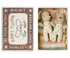 Two plush Maileg Twin Baby Mice in a matchbox bed with a vintage-style label reading "the match factory baby twins.