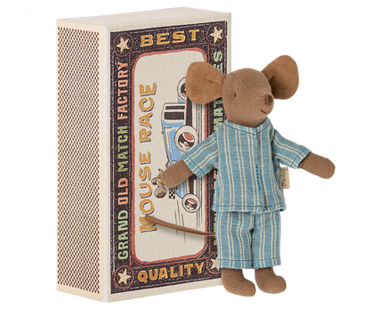 Plush Maileg Big Brother Mouse in Matchbox standing beside its vintage-style packaging.