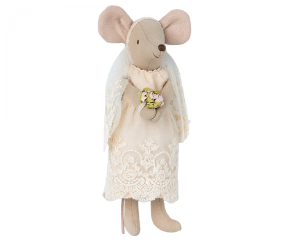 Two Maileg Wedding Mice Couple in Box figurines dressed in wedding attire standing inside a box decorated to resemble a room.
