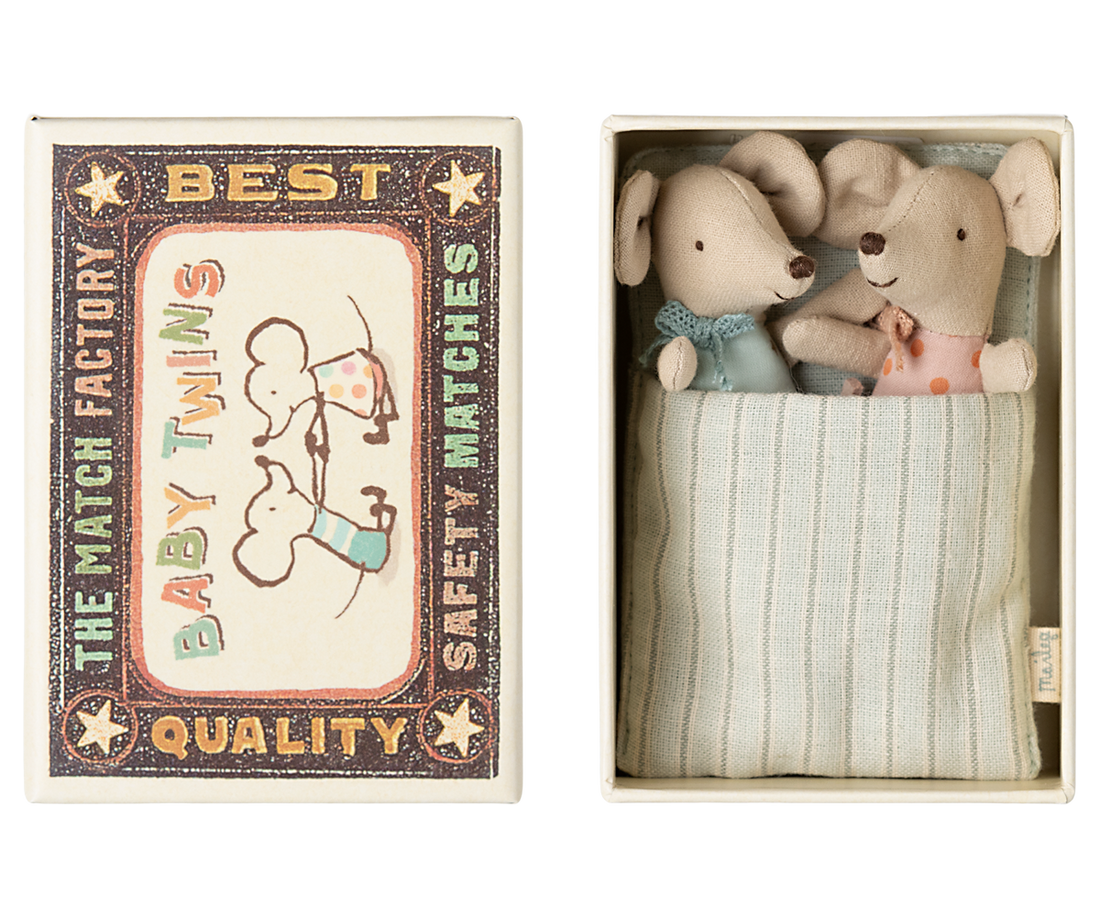 Baby twin mice in matchbox by Maileg. 