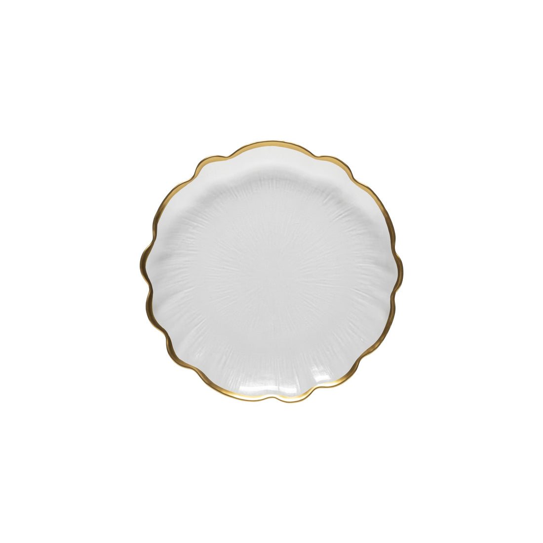 White scalloped plate with gold rim on a white background