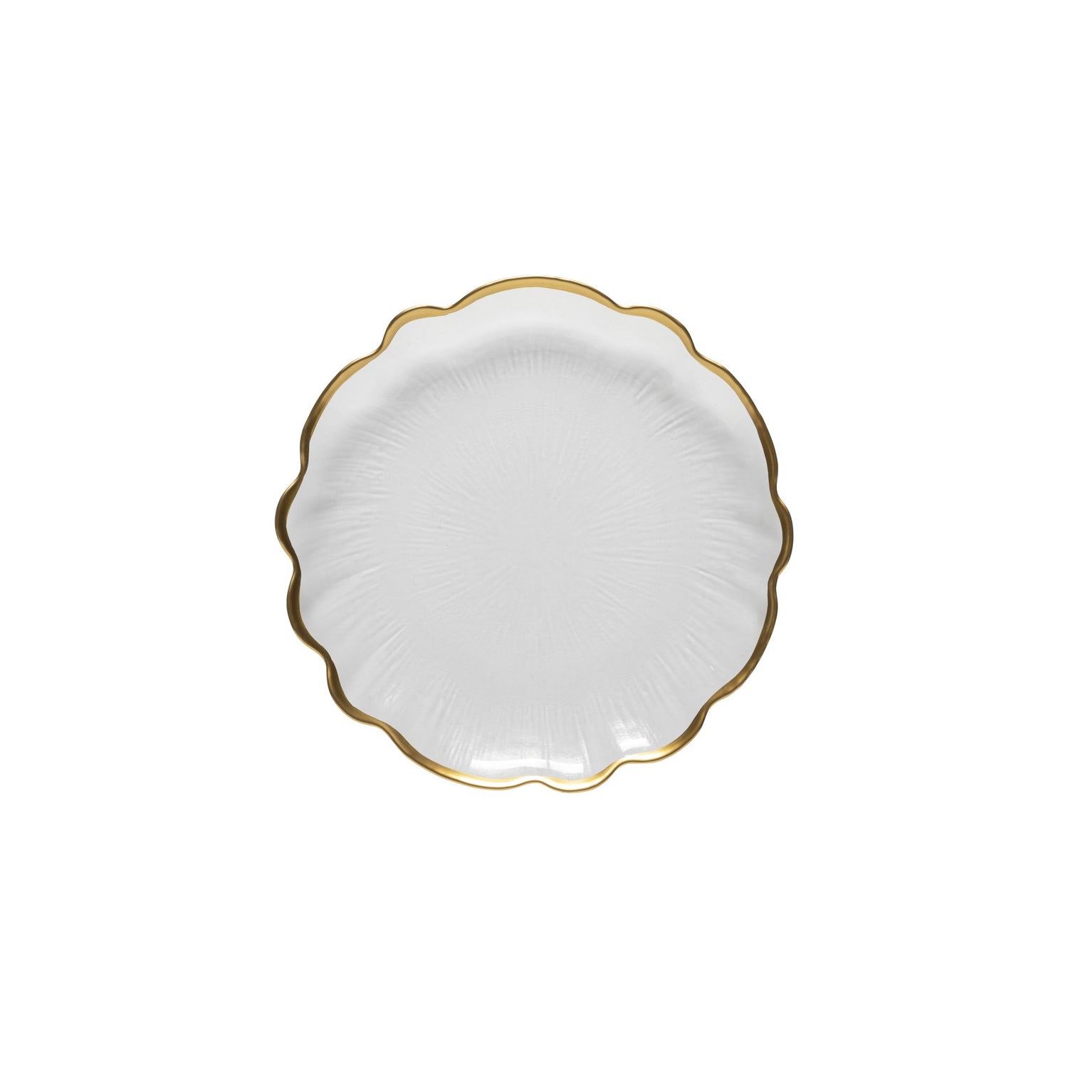 White scalloped plate with gold rim on a white background