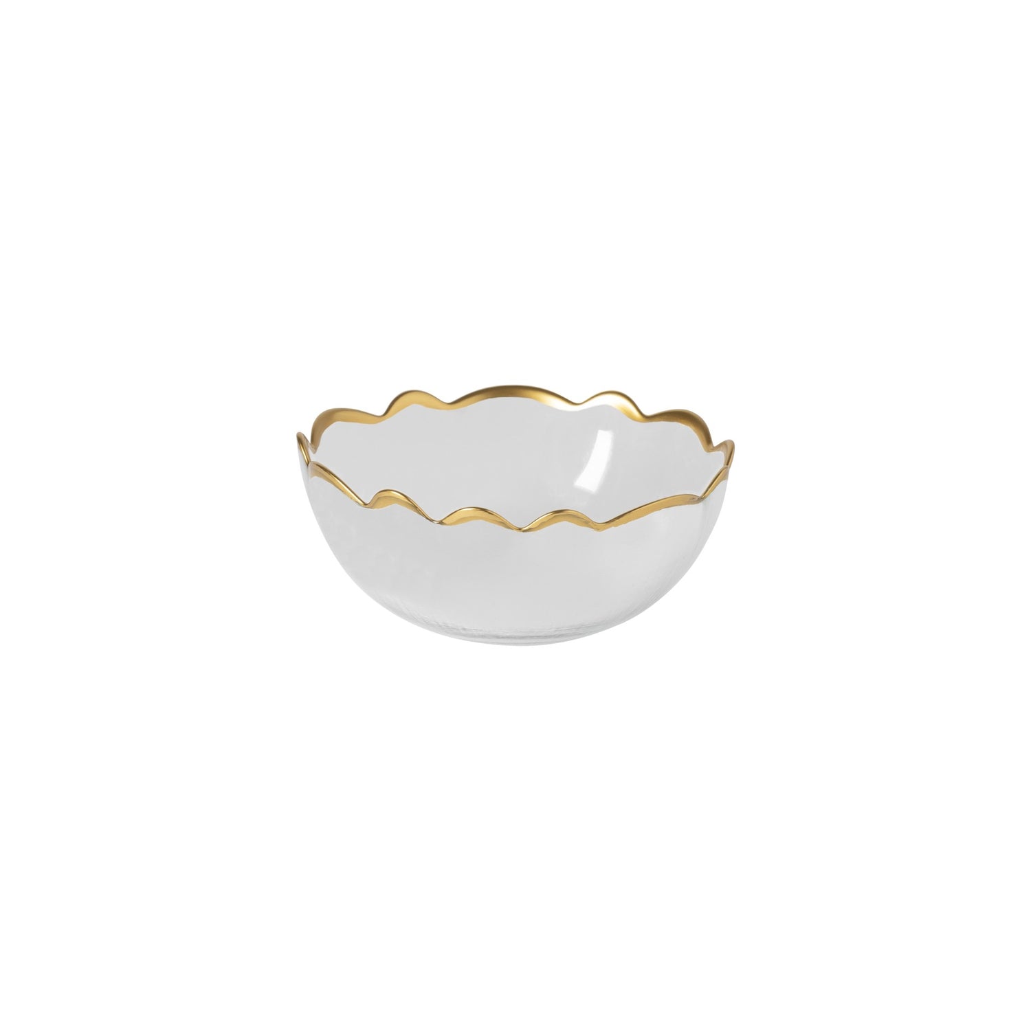 White ceramic bowl with gold rim on a white background