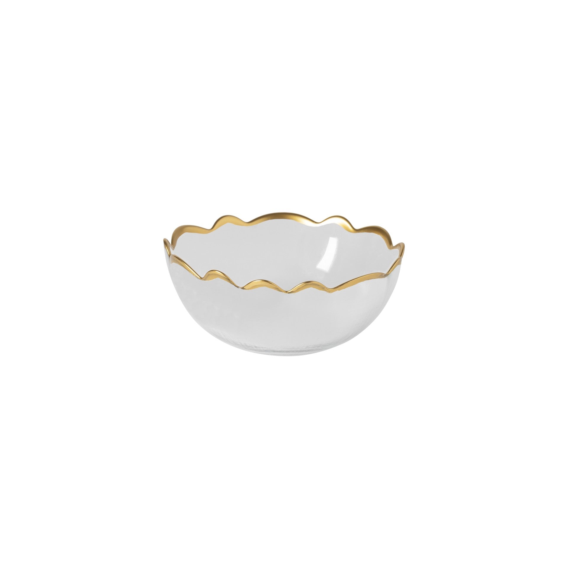 White ceramic bowl with gold rim on a white background