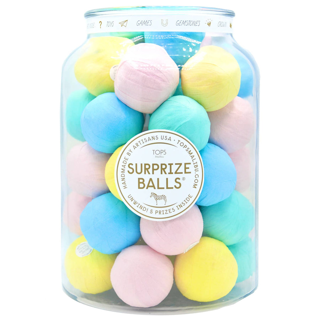 A jar of TOPS Malibu Pastel Surprize Balls on a white background.