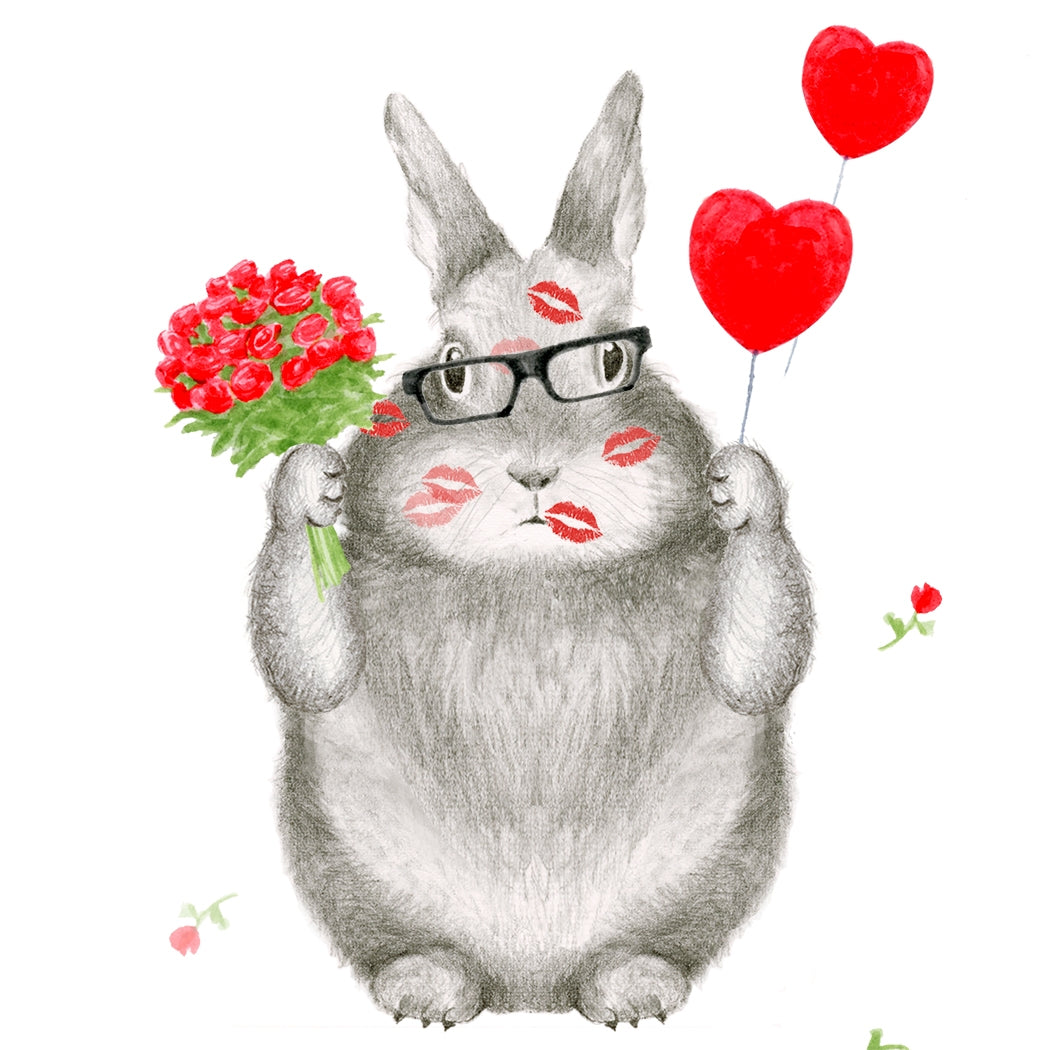 Illustration of a rabbit with glasses holding flowers and heart balloons on a white background