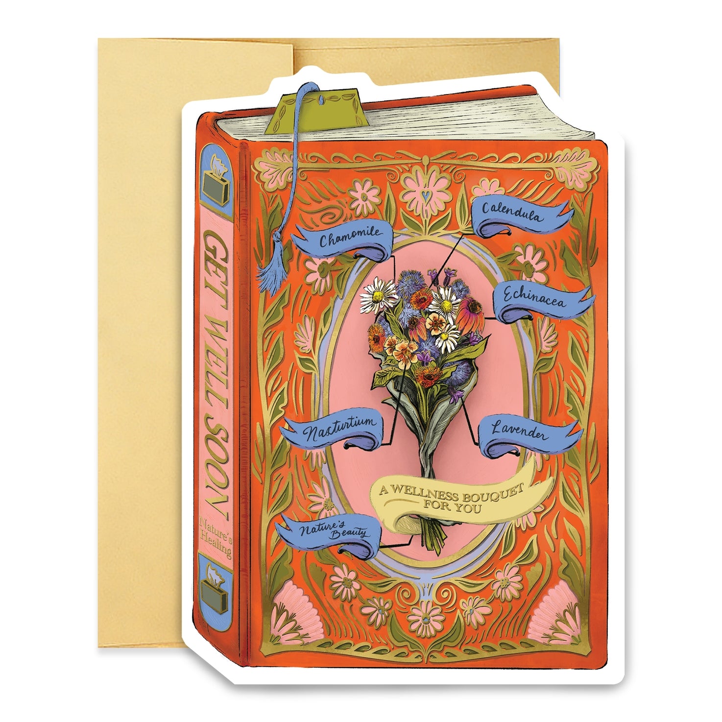 A book shaped greeting card featuring illustrations of a bouquet of flowers and thoughts of well wishes by Good Juju.