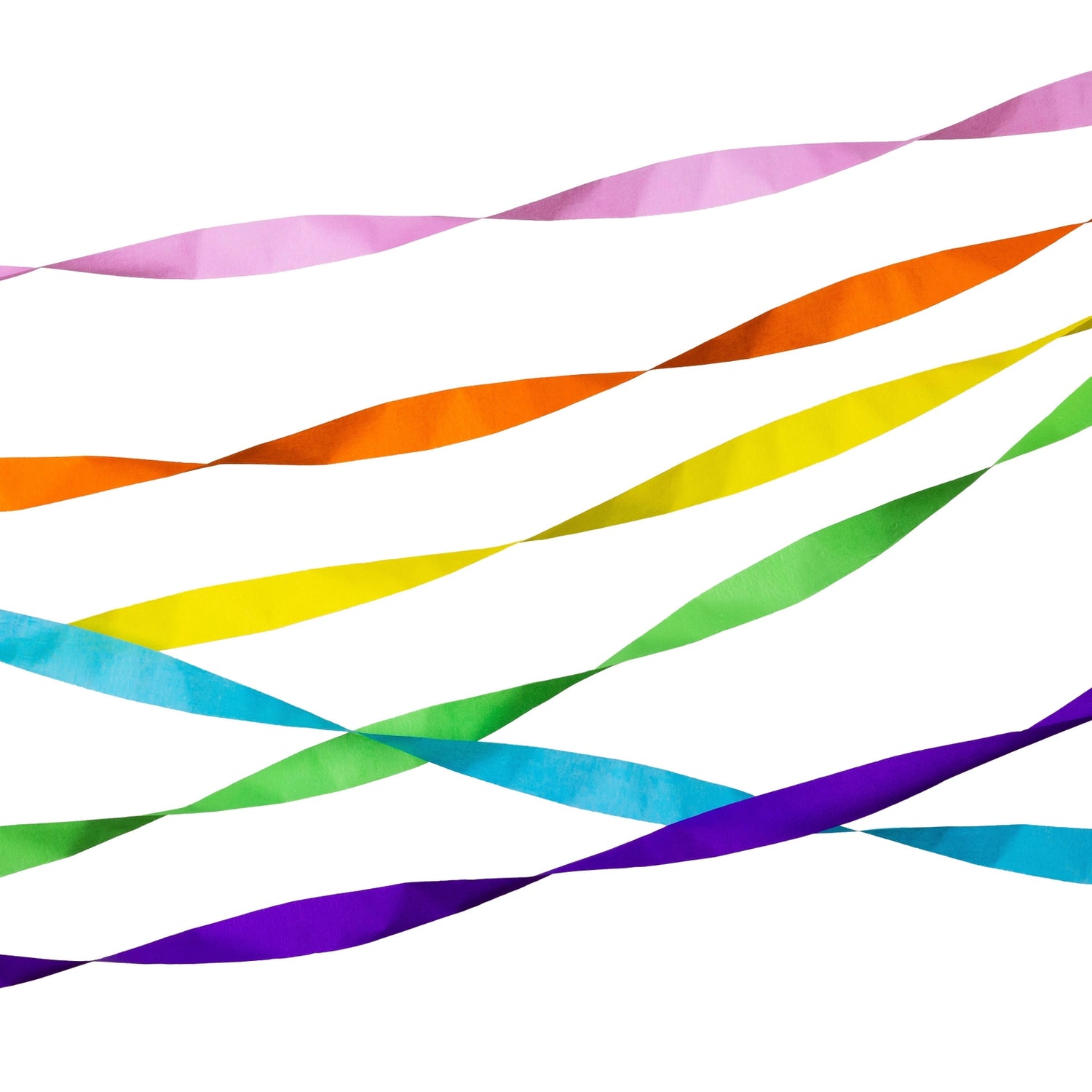 Colorful streamers in a rainbow pattern on a white background.