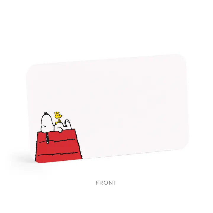A white rectangular card or coaster with rounded corners, featuring a small Snoopy and Woodstock illustration on the lower left. The card is shown standing upright on a white background with the word FRONT printed below.