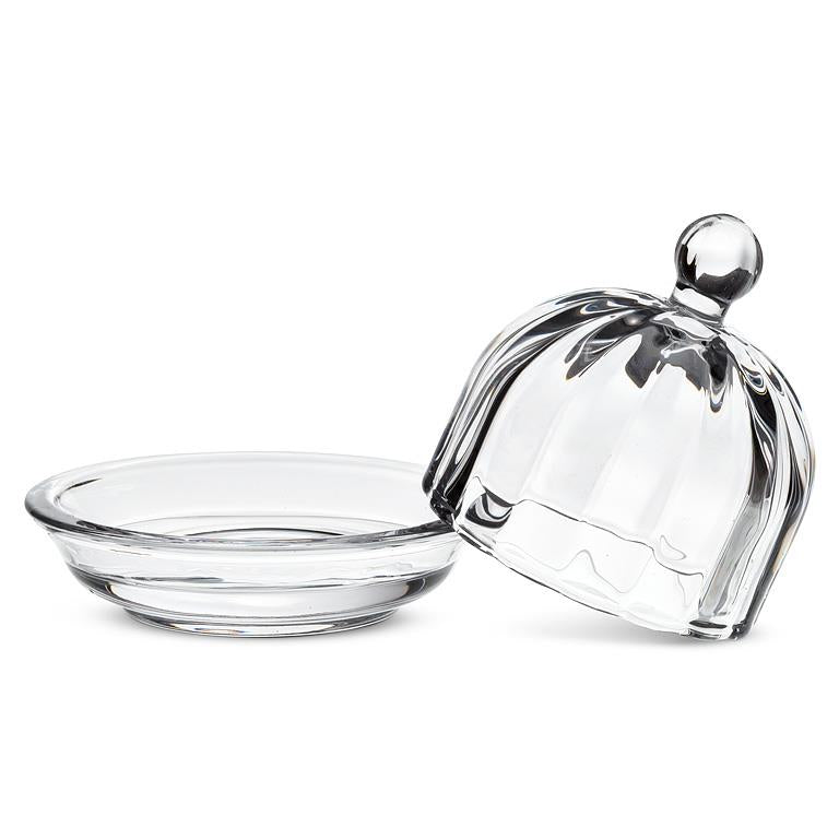 Clear glass dish with a lid on a white background.