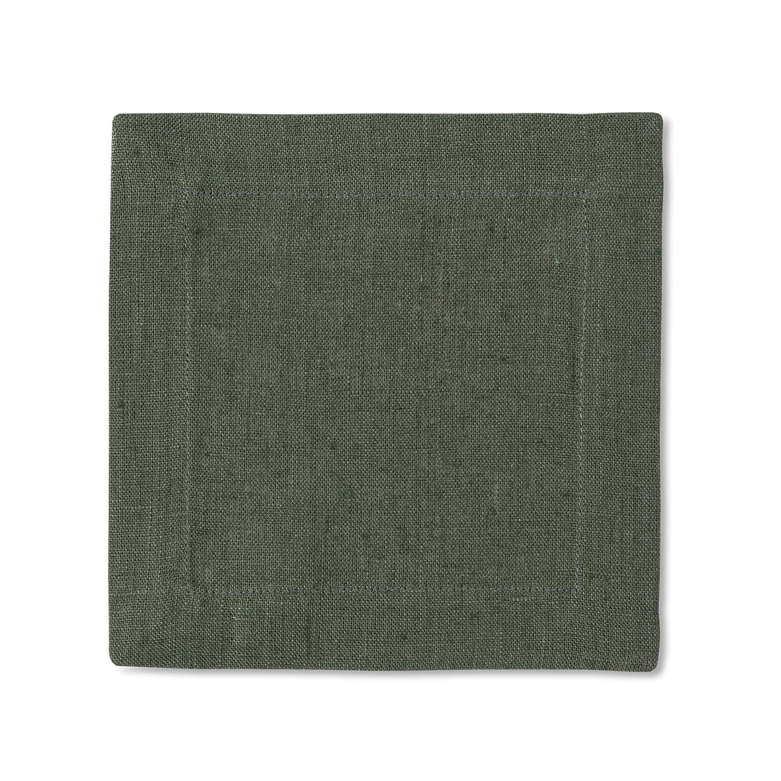 Autumnal dark green Henry Handwork linen cocktail napkin folded into a square on a white background.