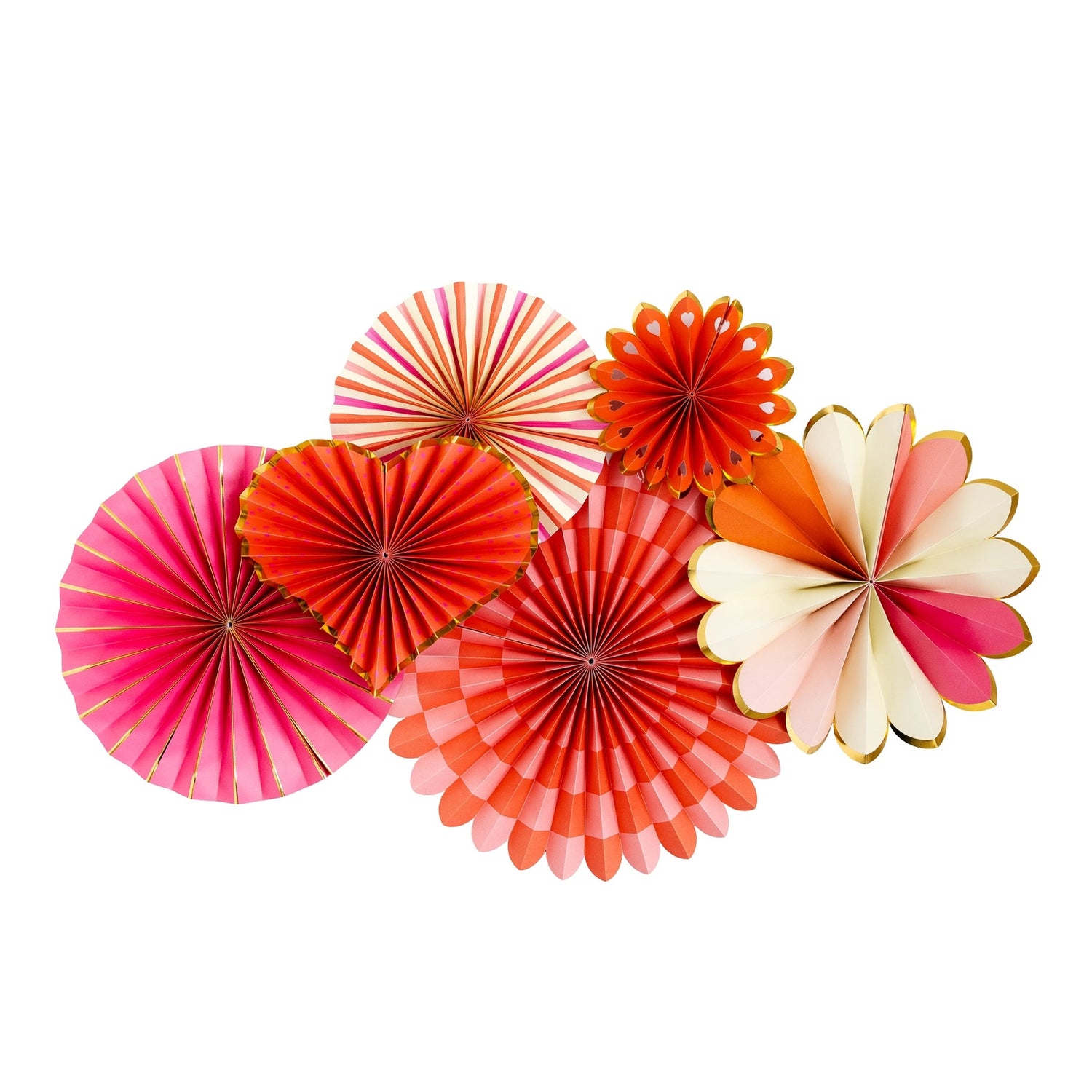 A set of 6 different shaped paper fans in assorted shades of pinks with gold accents. 