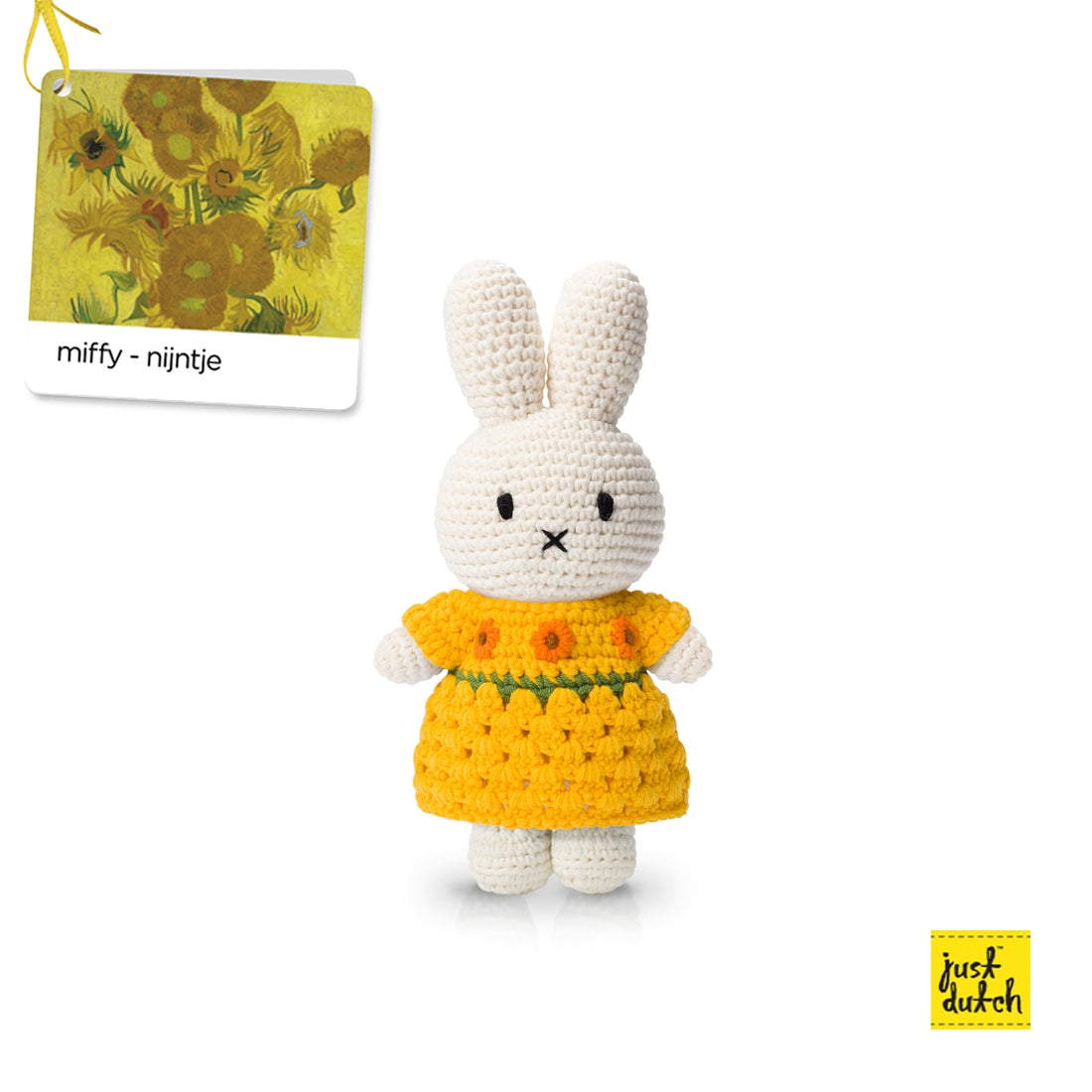 A toy figure of Miffy dressed in a yellow sunflower dress, inspired by Van Gogh&