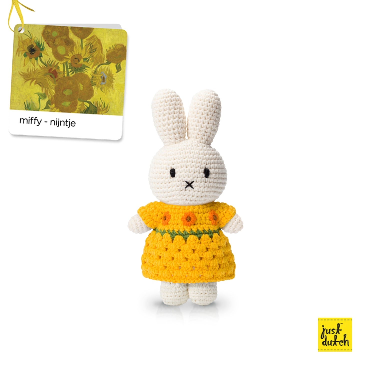 A toy figure of Miffy dressed in a yellow sunflower dress, inspired by Van Gogh&