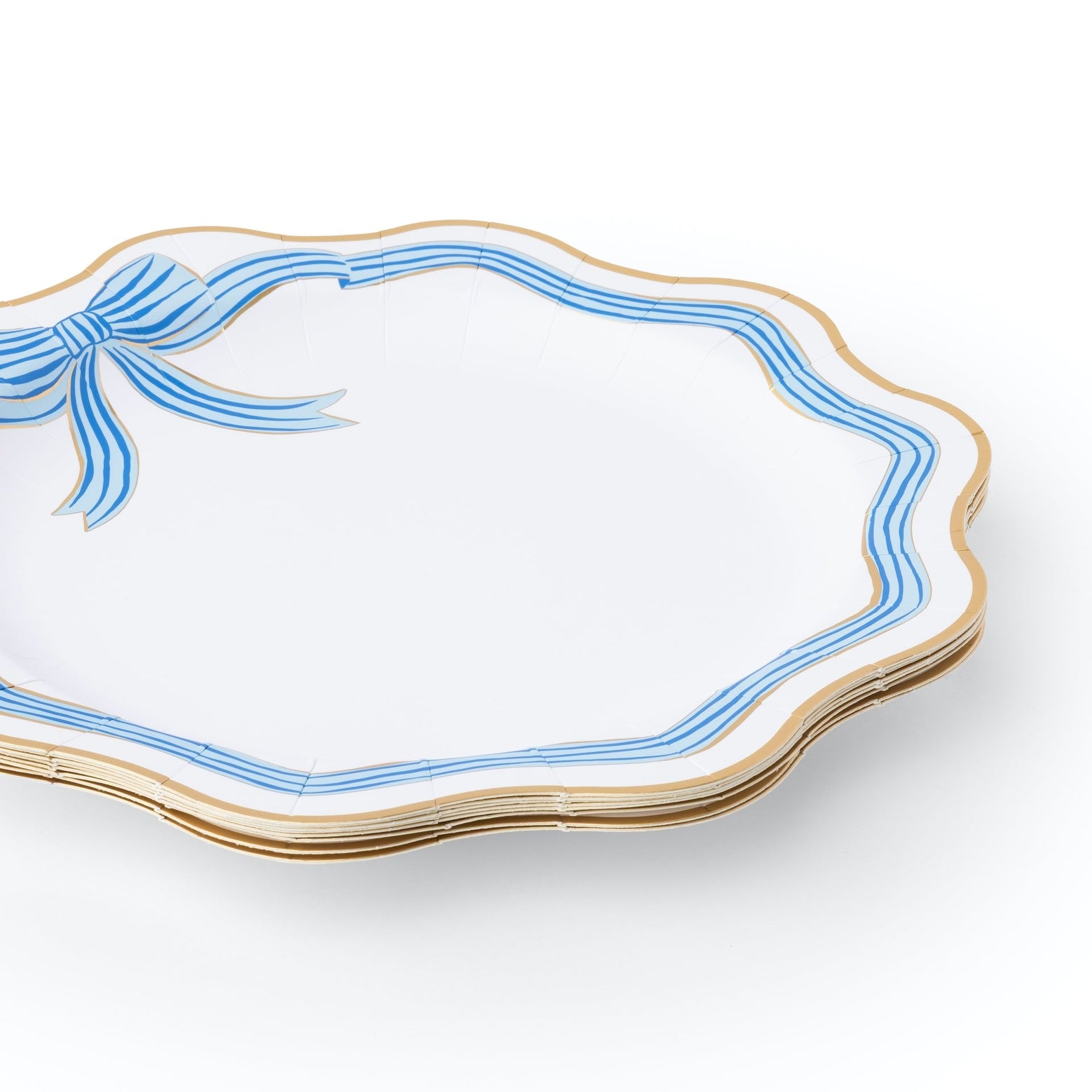 Decorative plate with blue ribbon design on a white background.