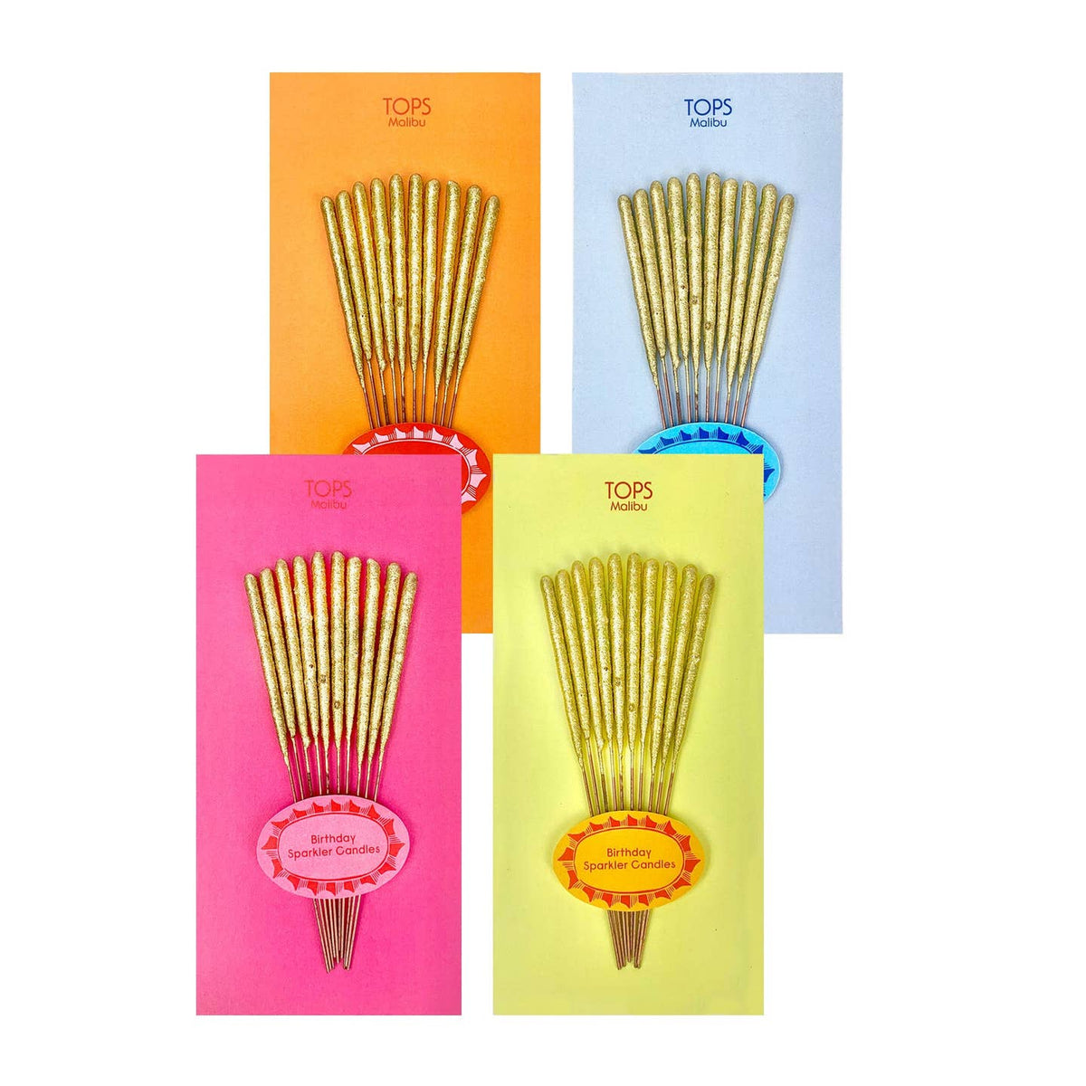 Four packages of TOPS Gold Sparkler Candles with colorful packaging on a white background