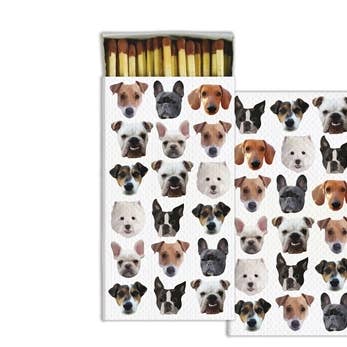Decorative box of matches with illustrations of various dogs on it. 