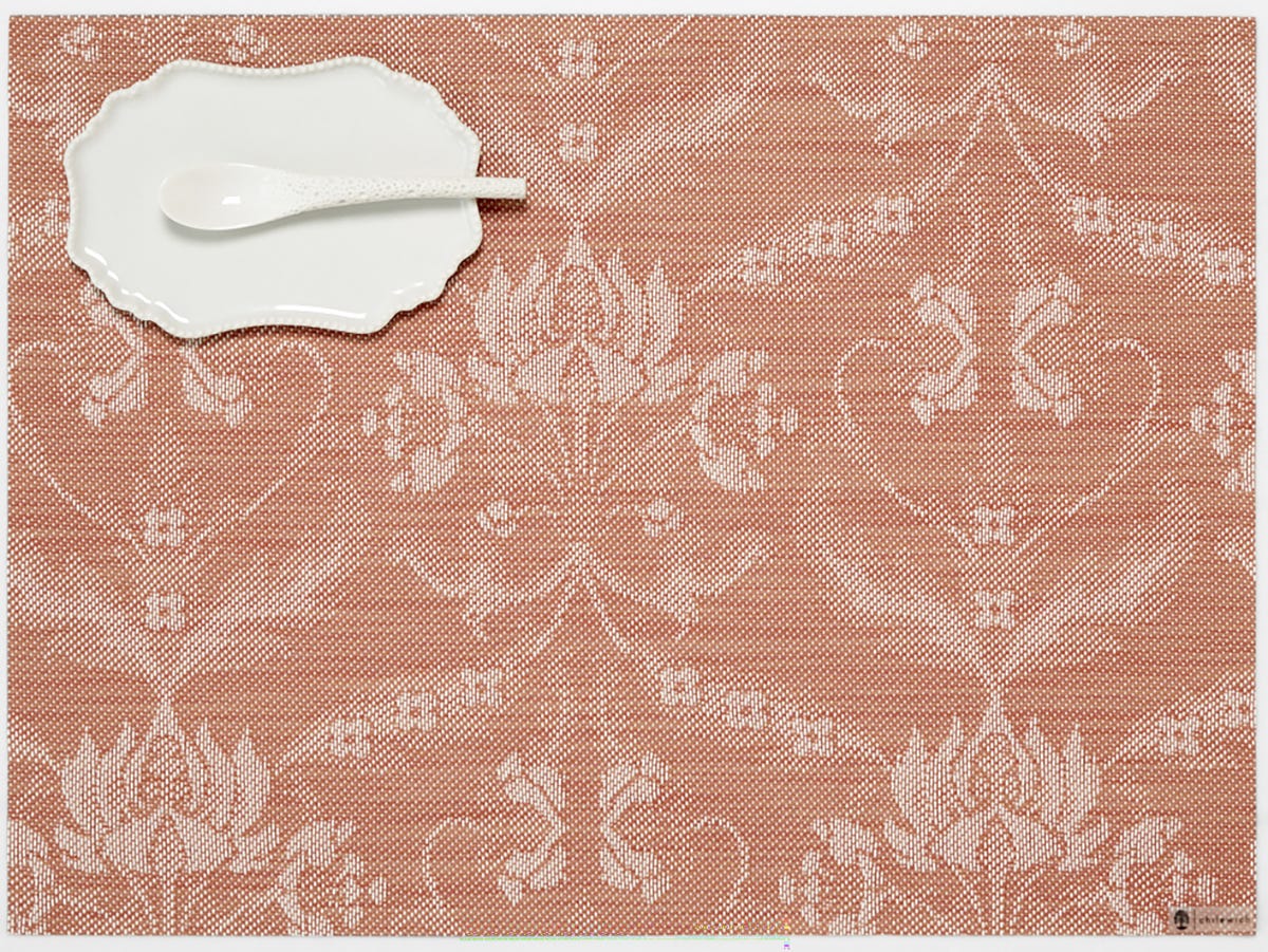 Burnt Coral  Damask Rectangle Placemat with small plate and spoon on it