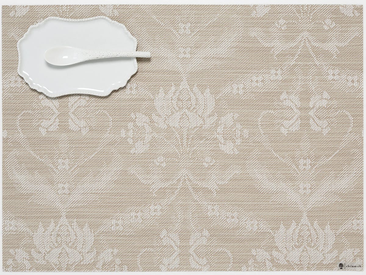 Flax Damask Rectangle Placemat with small plate and spoon on it