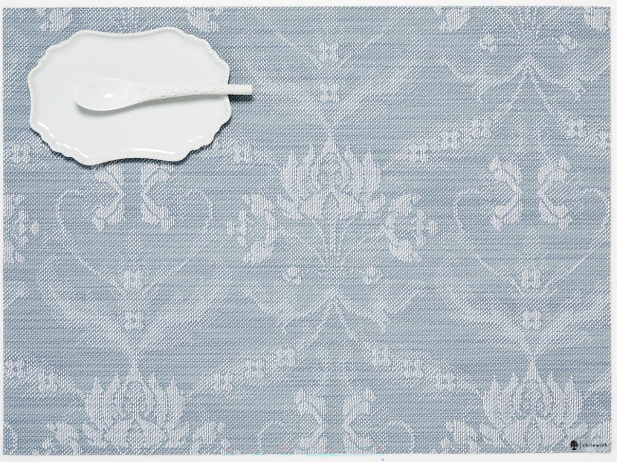 Sea Damask Rectangle Placemat with small plate and spoon on it