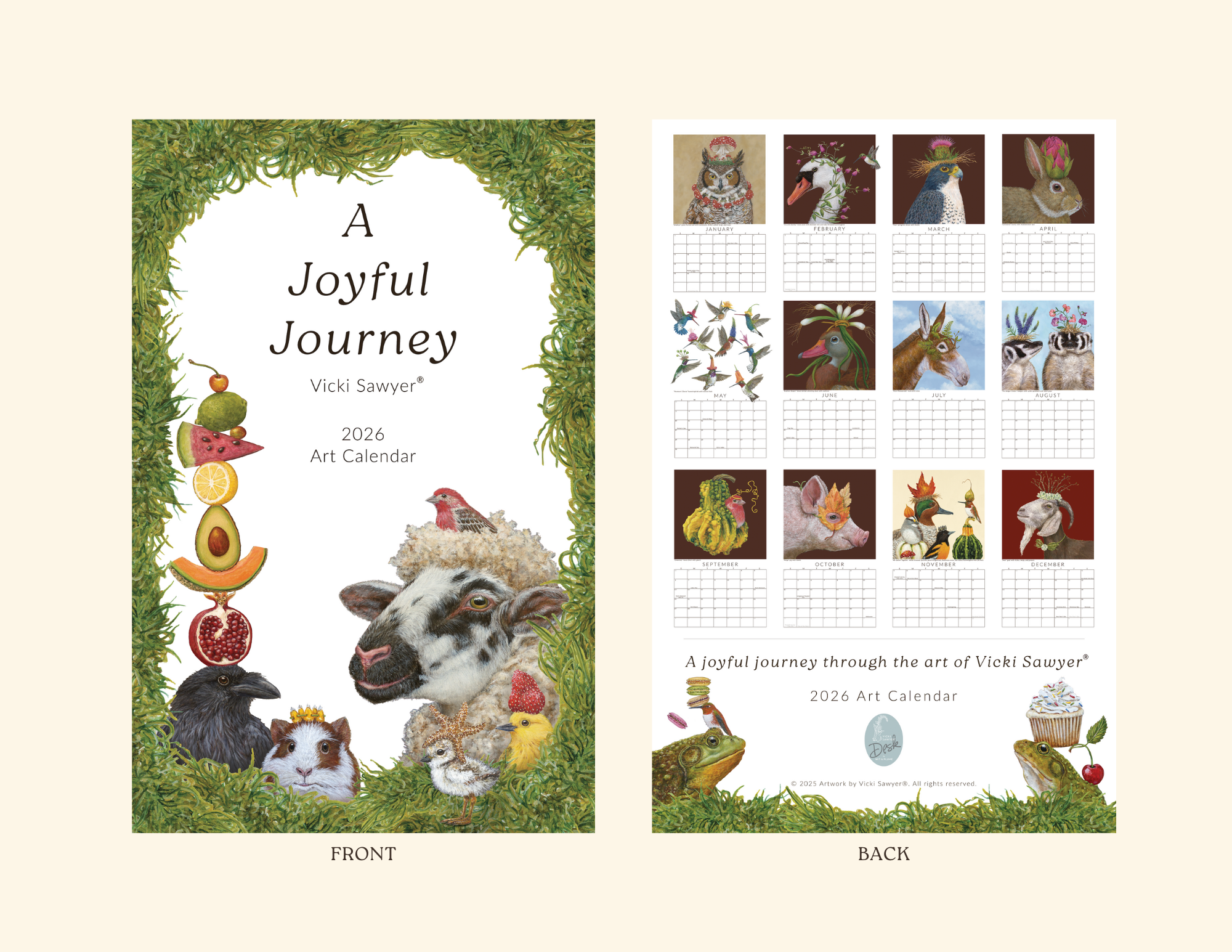 2026 art calendar by Vicki Sawyer with front and back views on a beige background