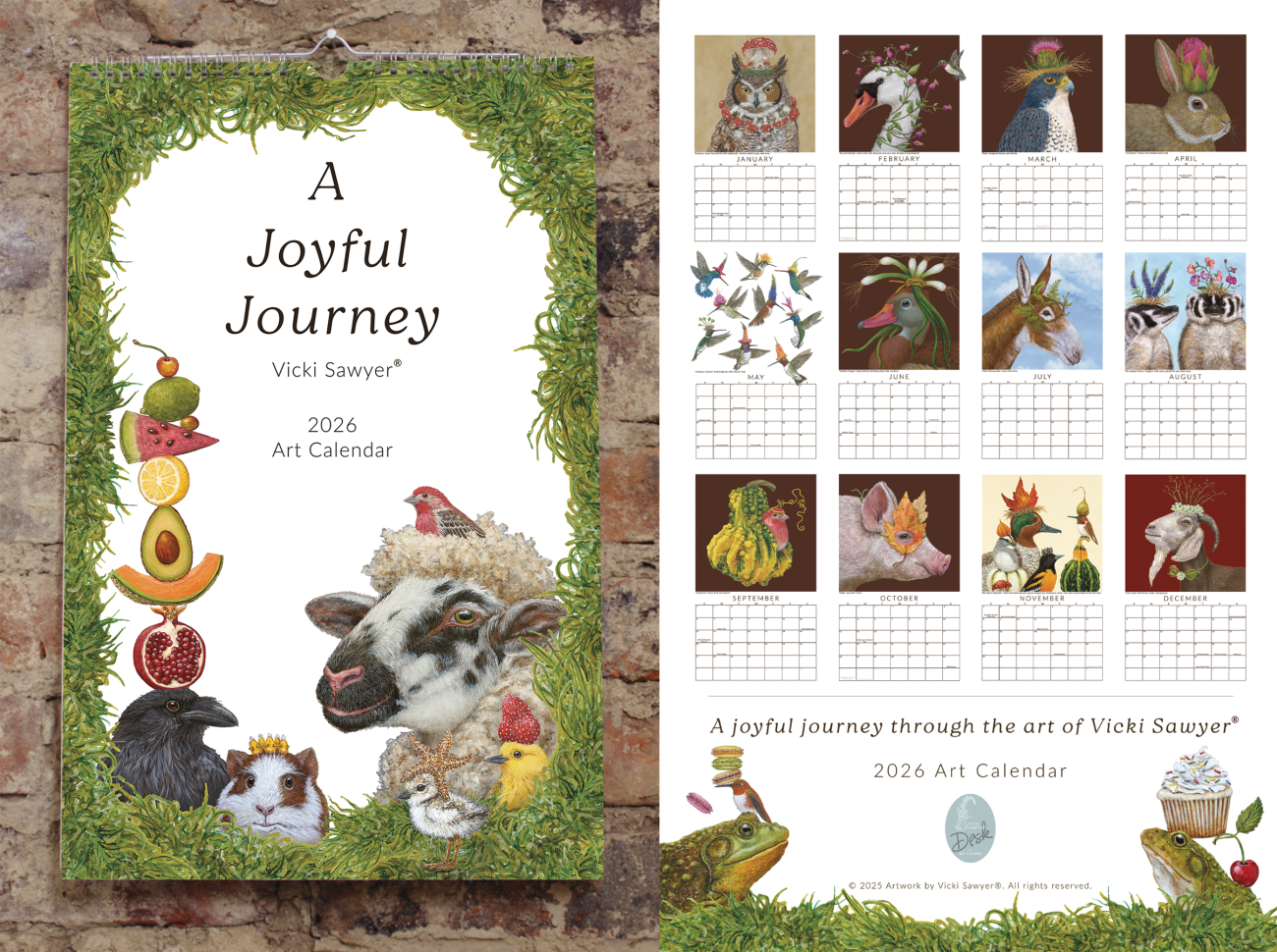 2026 art calendar by Vicki Sawyer with animal illustrations on a brick wall background