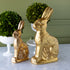Two gold rabbit statues on a marble surface with green decorative plants in the background.