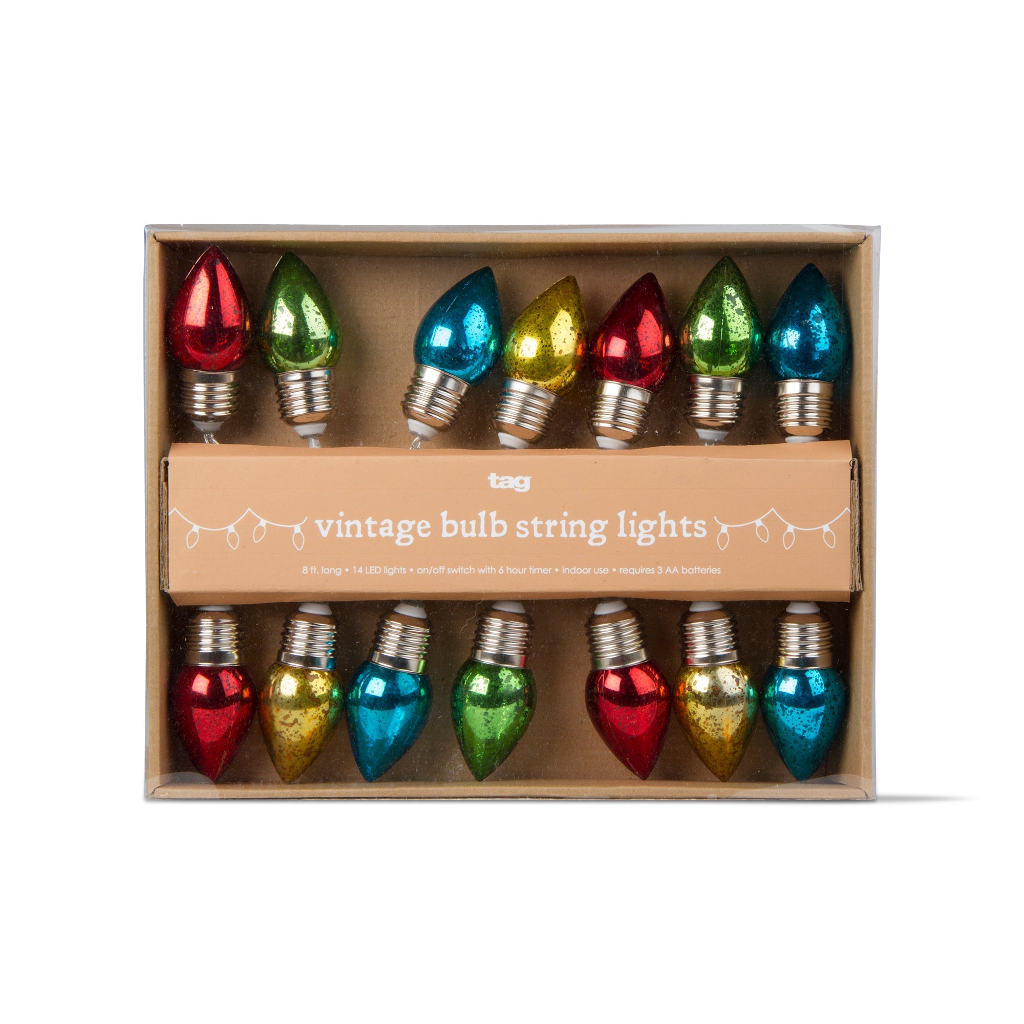 Box of vintage bulb string lights with red, green, and blue colors on a white background
