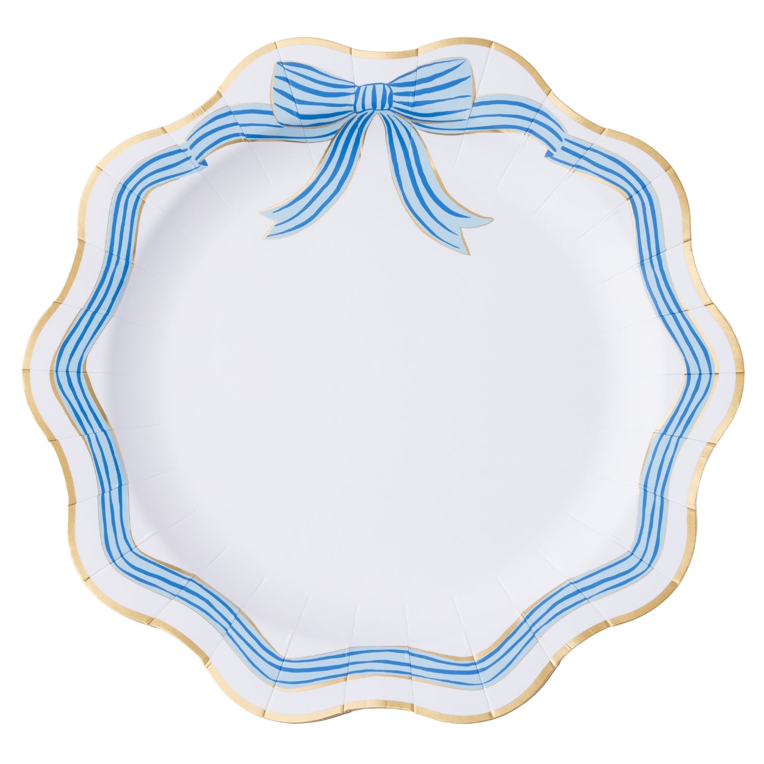 Decorative plate with blue ribbon design on a white background.