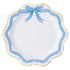 Decorative plate with blue ribbon design on a white background.