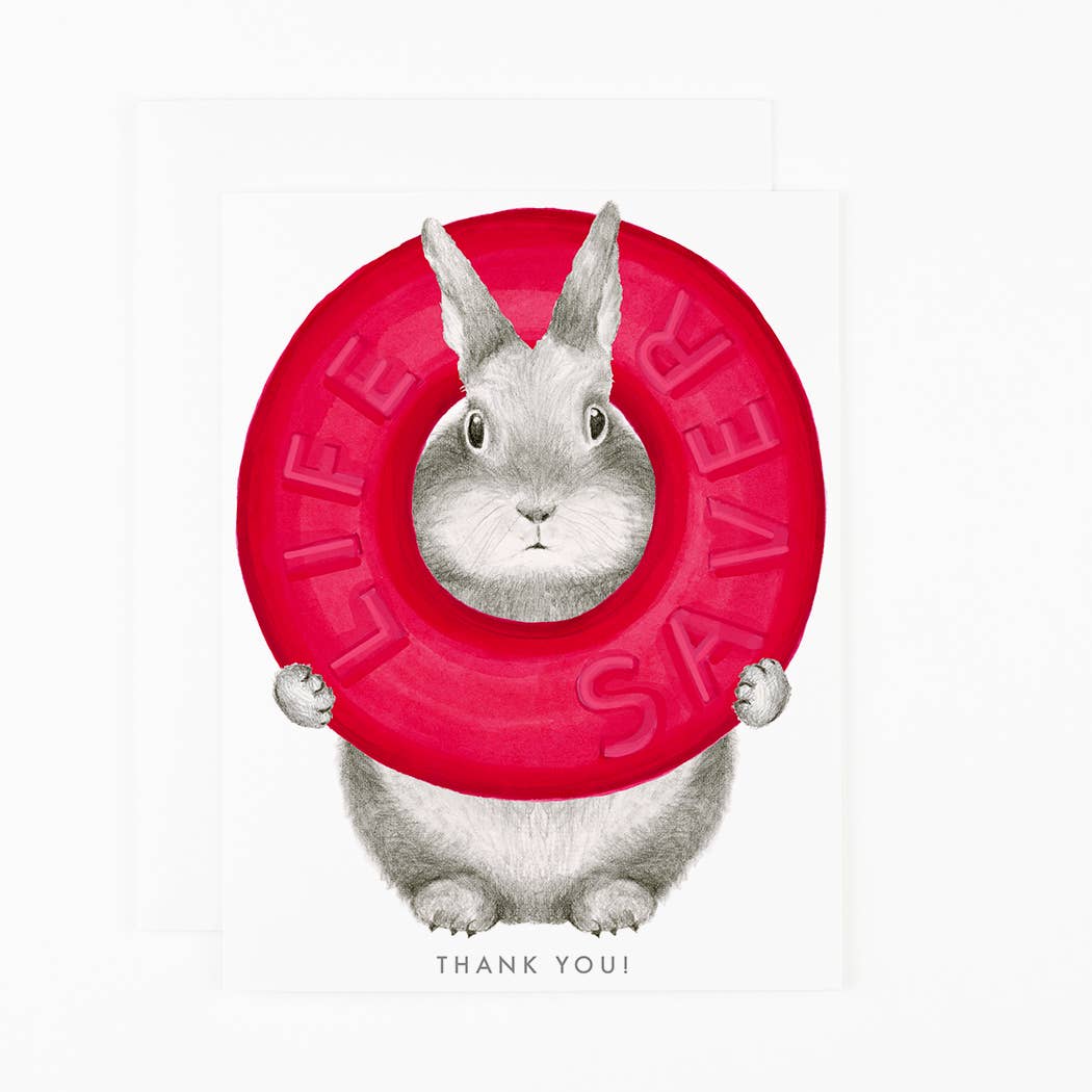 A bunny holding a Life Saver Card with the text &quot;Life Saver&quot; and a &quot;Thank You&quot; message below on a Dear Hancock Thank You card.