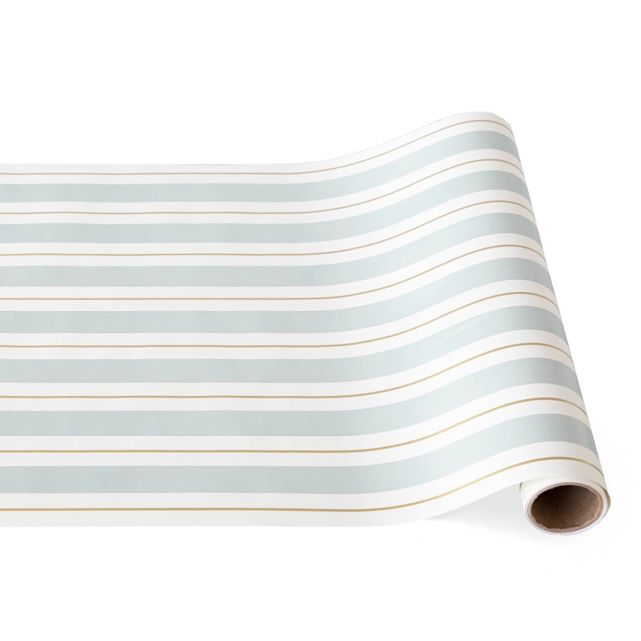 A Slate &amp; Gold Awning Stripe Runner by Hester &amp; Cook adds a touch of elegance to any entertaining event, beautifully accentuating a white surface.
