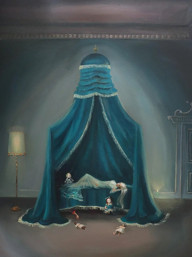 A shrouded Night Lights Art Print draped in a teal cloth, with toy figures and a lamp nearby, suggesting a whimsical scene reminiscent of a fine art painting style by The Mansion Girls.