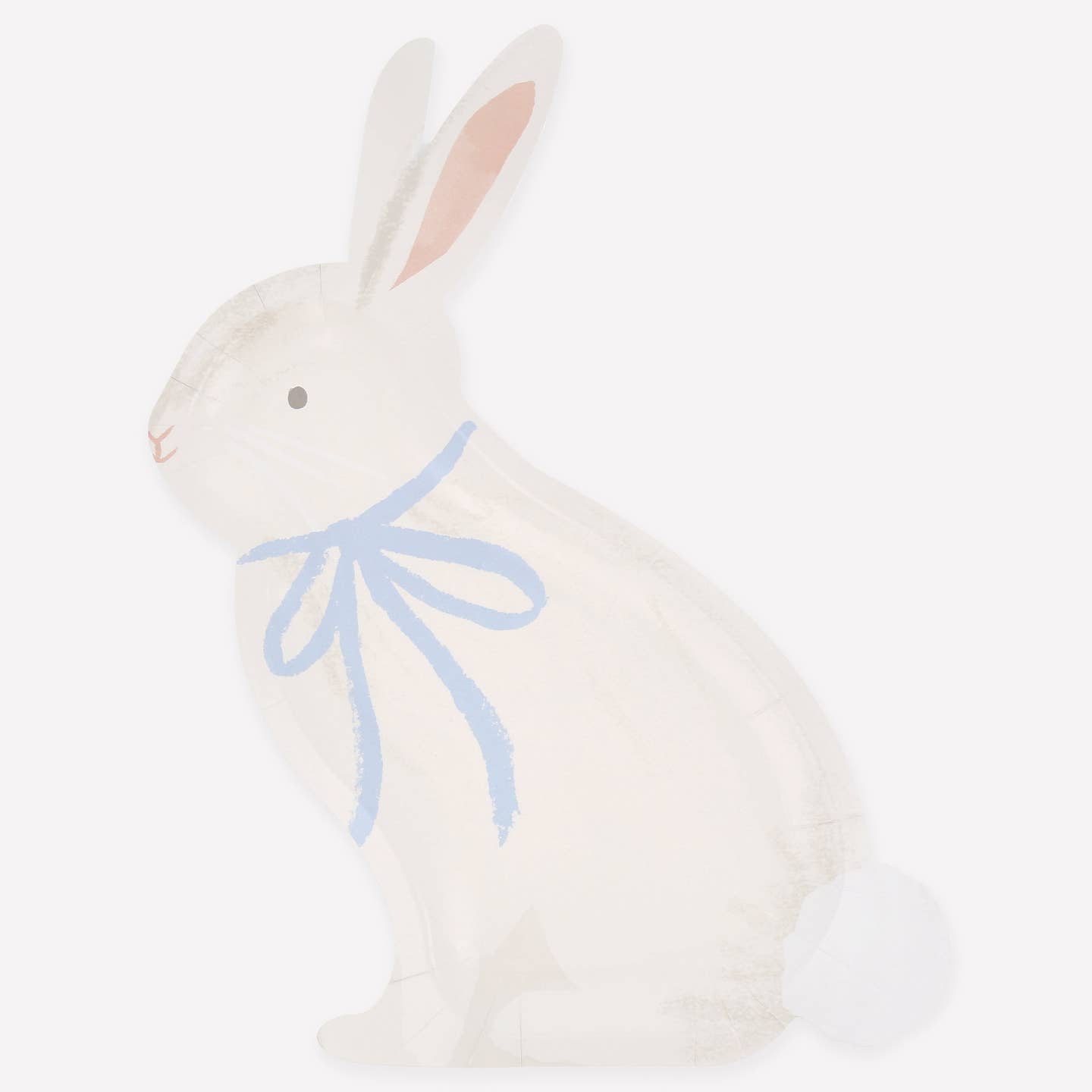 A paper plate shaped like a side view of a bunny with a blue bow, against a white background.