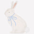 A paper plate shaped like a side view of a bunny with a blue bow, against a white background.