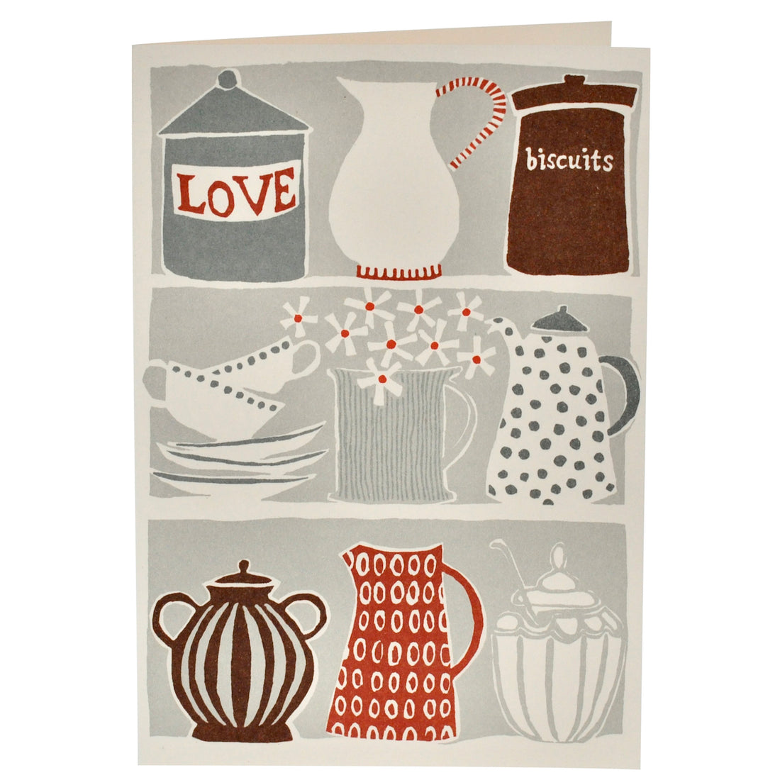 Illustration of various kitchenware items including containers labeled &quot;Love Biscuits Card,&quot; and teapots with different patterns, printed on FSC-certified stock by Cambridge Imprint.