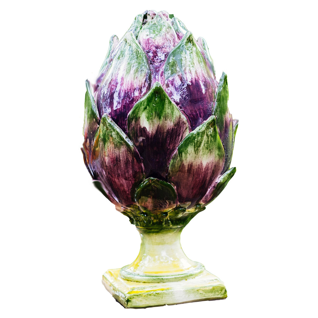 Decorative artichoke sculpture with purple and green colors on a white background