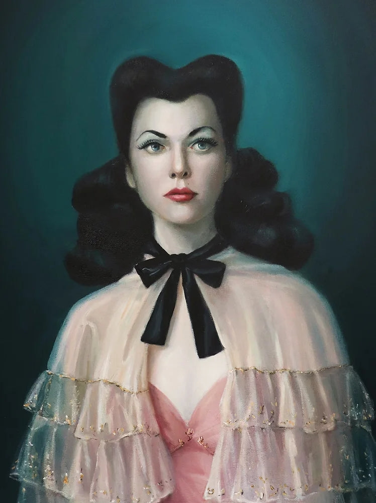 A Mordella Art Print by The Mansion Girls of a woman with dark hair styled in a vintage fashion, wearing a pink dress with ruffled sleeves and a black bow at the neck.