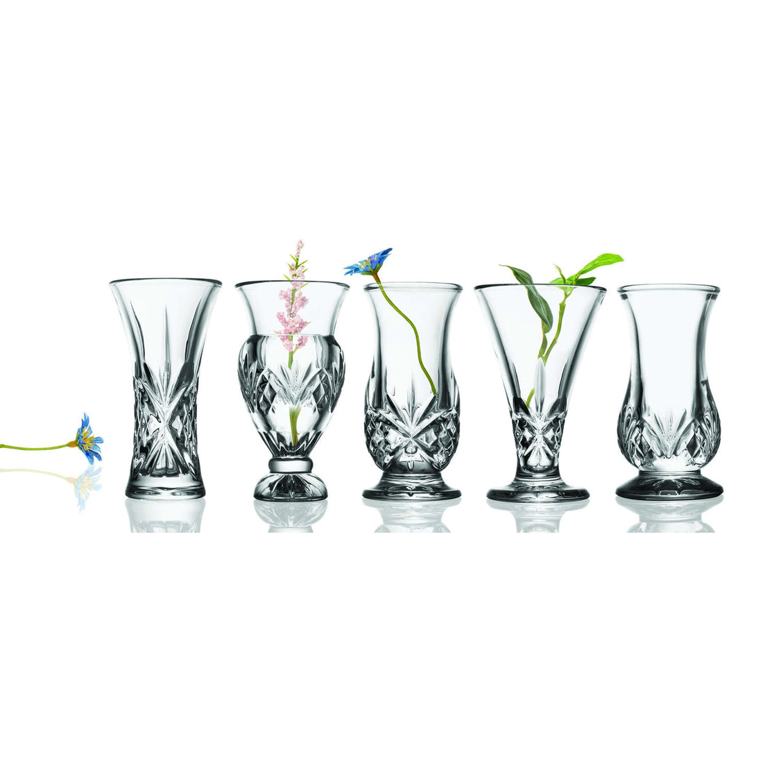 A row of Dublin Crystal 5 Piece Bud Vase Set by Godinger with fresh flowers - perfect for adding a touch of beauty to any space.