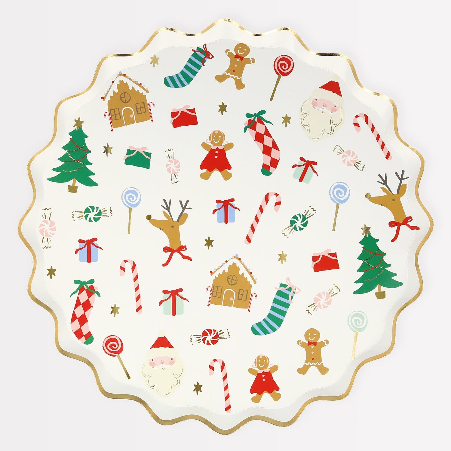 Jolly Christmas Side Plate with assorted Christmas ephemera printed on it and a gold foiled scalloped edge, on a white background.