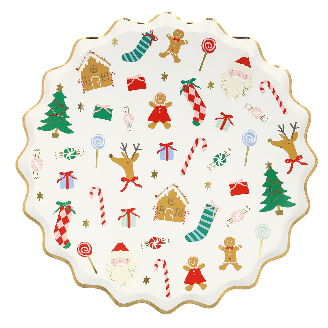 Jolly Christmas Side Plate with assorted Christmas ephemera printed on it and a gold foiled scalloped edge, on a white background.
