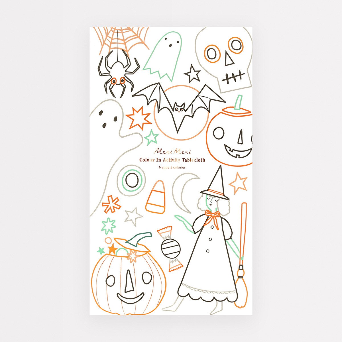 Halloween-themed tablecloth with ghost, pumpkin, and witch designs on a white background.