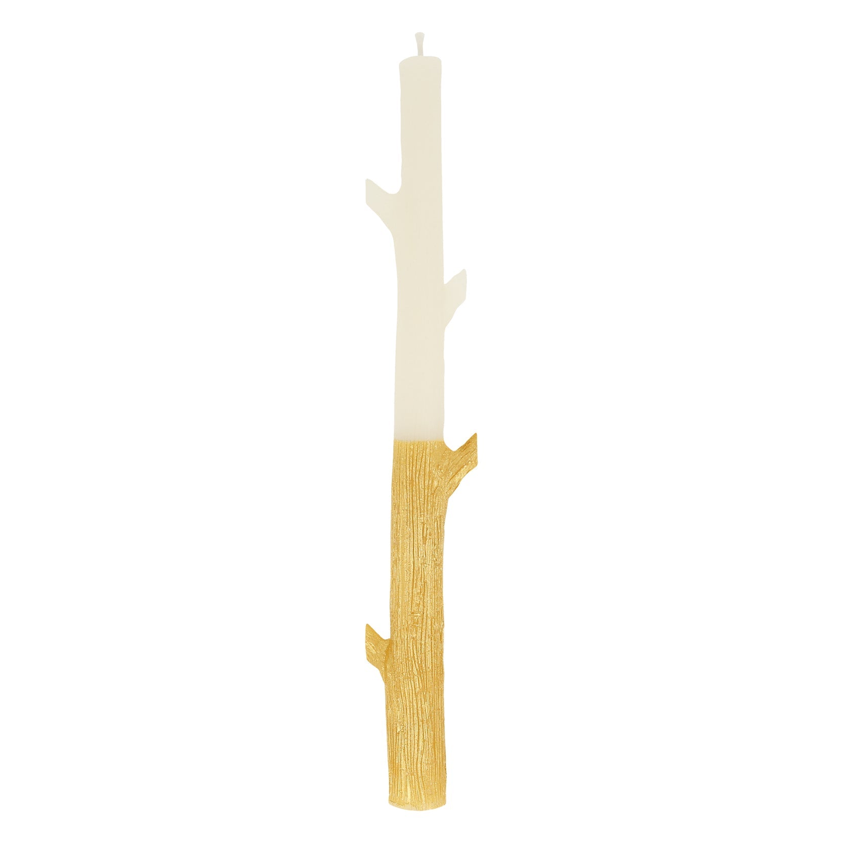 A white textured candle, shaped like a stick with gold on bottom portion.