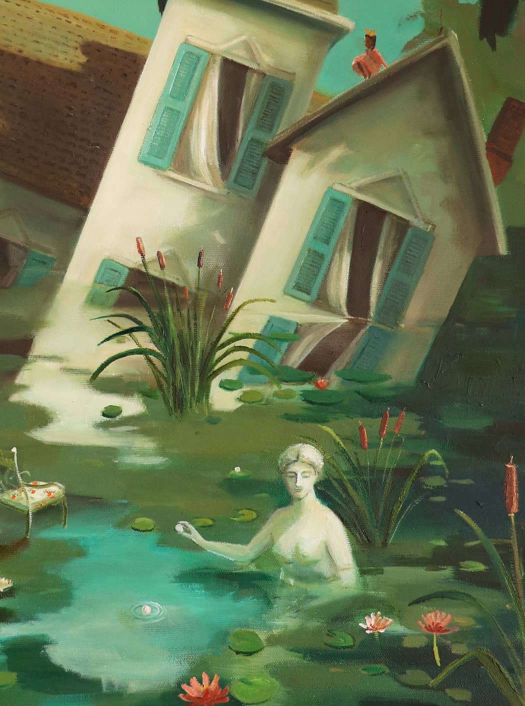 A Janet Hill fine art print depicting a surreal scene with a female figure standing near The Incredible Sinking House surrounded by palm trees and a body of water, with a swan nearby.