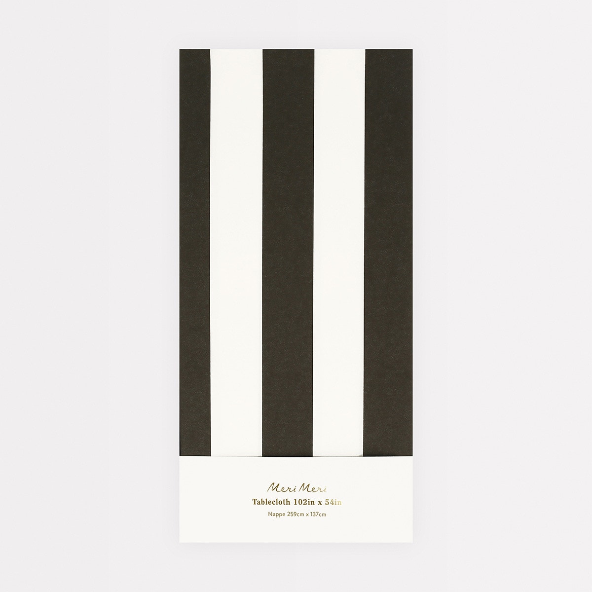 Black and white striped tablecloth packaging with brand name on a light gray background