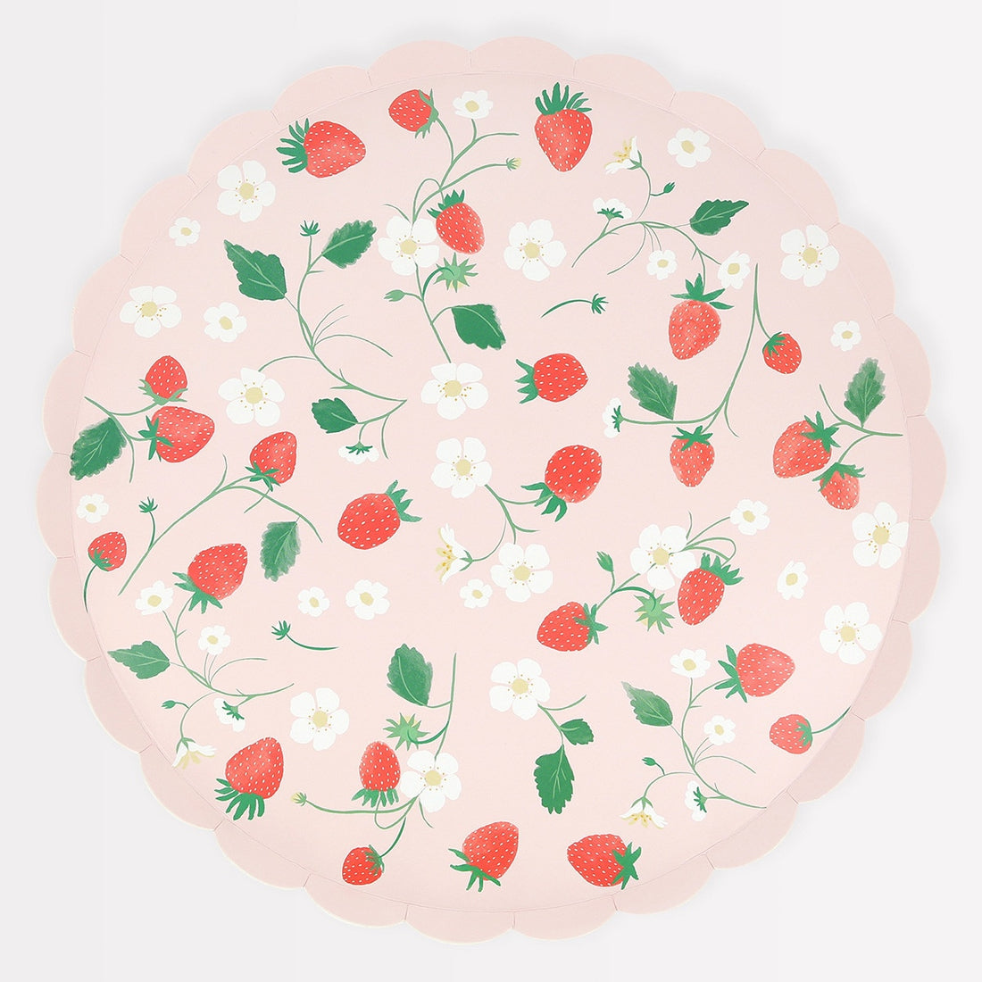 Round pink plate with strawberry and leaf pattern on a white background.