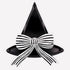Black witch hat paper plate with a large white bow on a white background. 