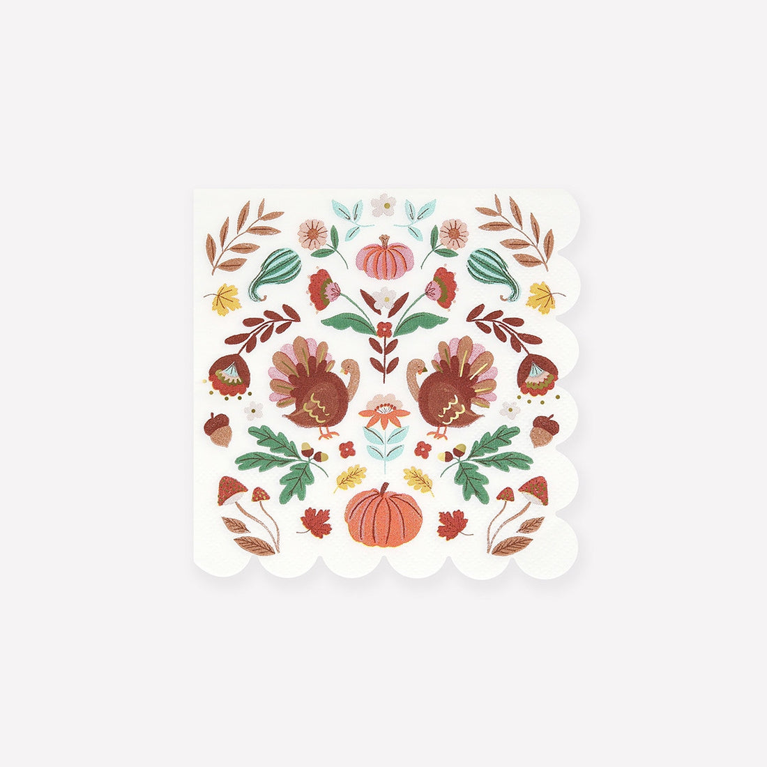 Decorative paper napkin with autumn-themed design featuring turkeys, pumpkins, and leaves on a white background.