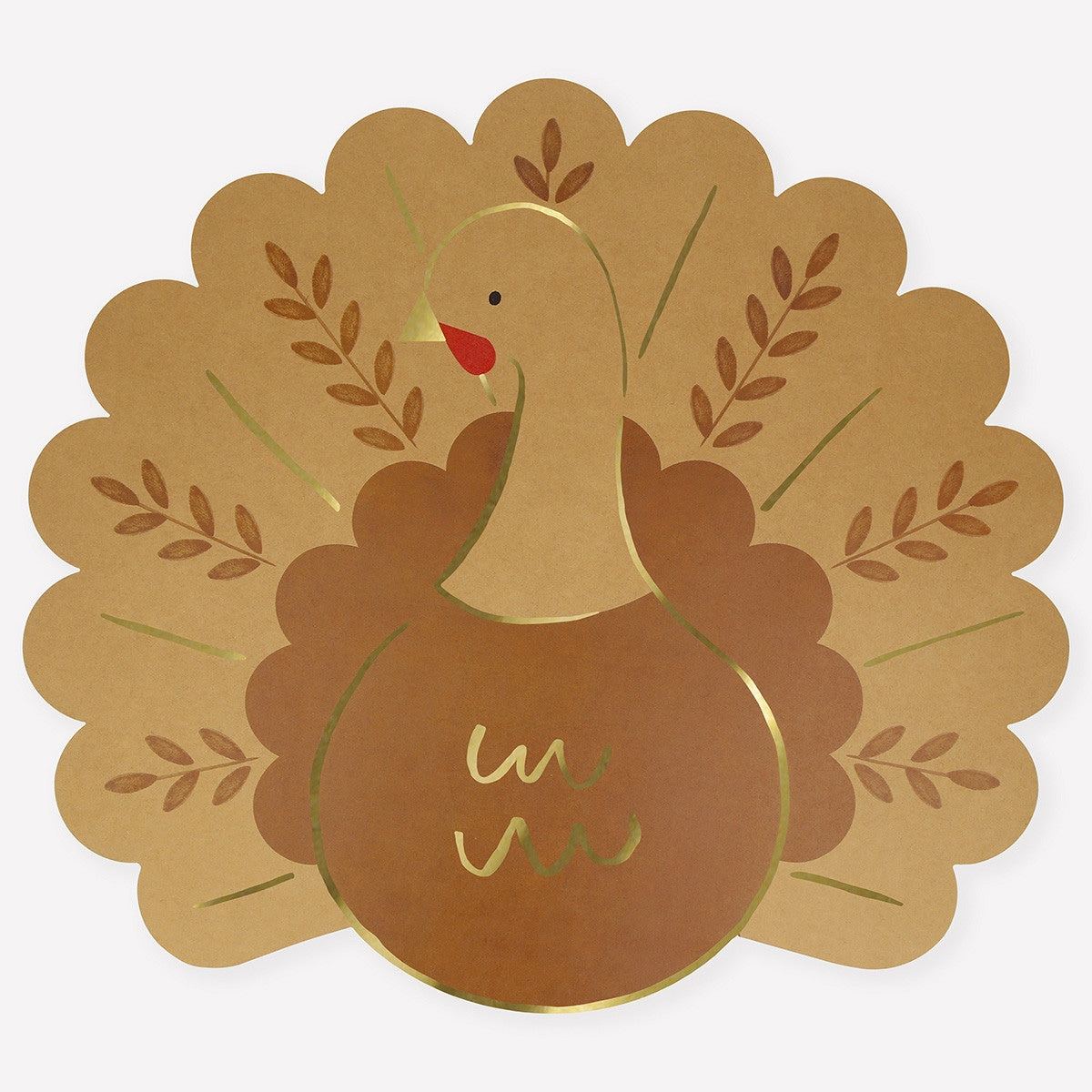 Paper placemat shaped like a turkey with gold details. 